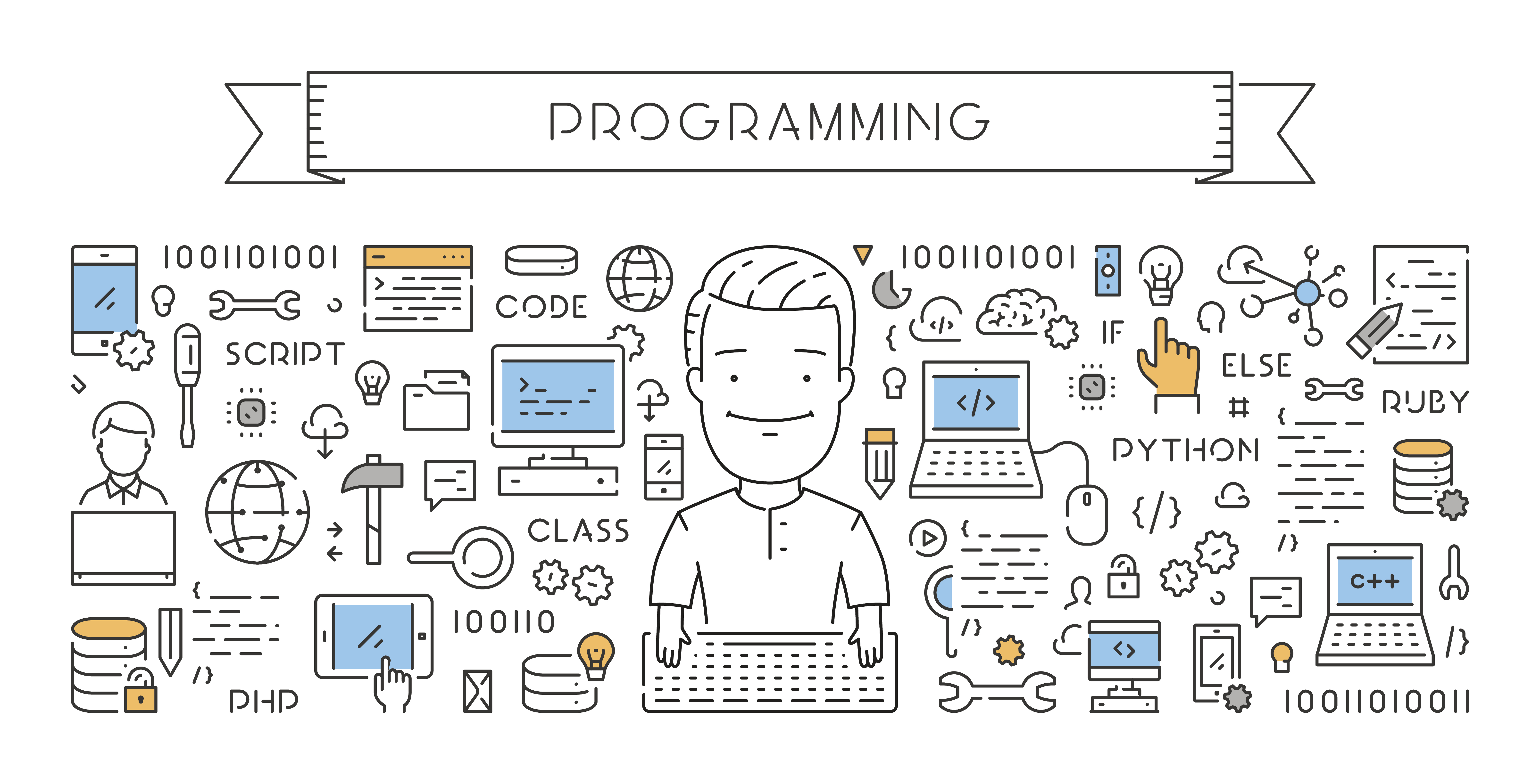 A cartoon drawing of a banner with "Programming" above a person surrounded by computer accessories