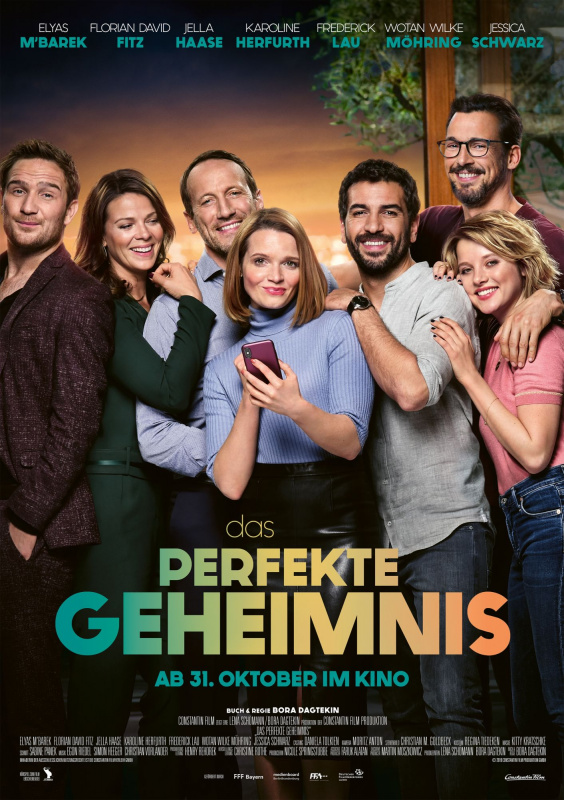 Seven adults smiling; movie poster for The Perfect Secret