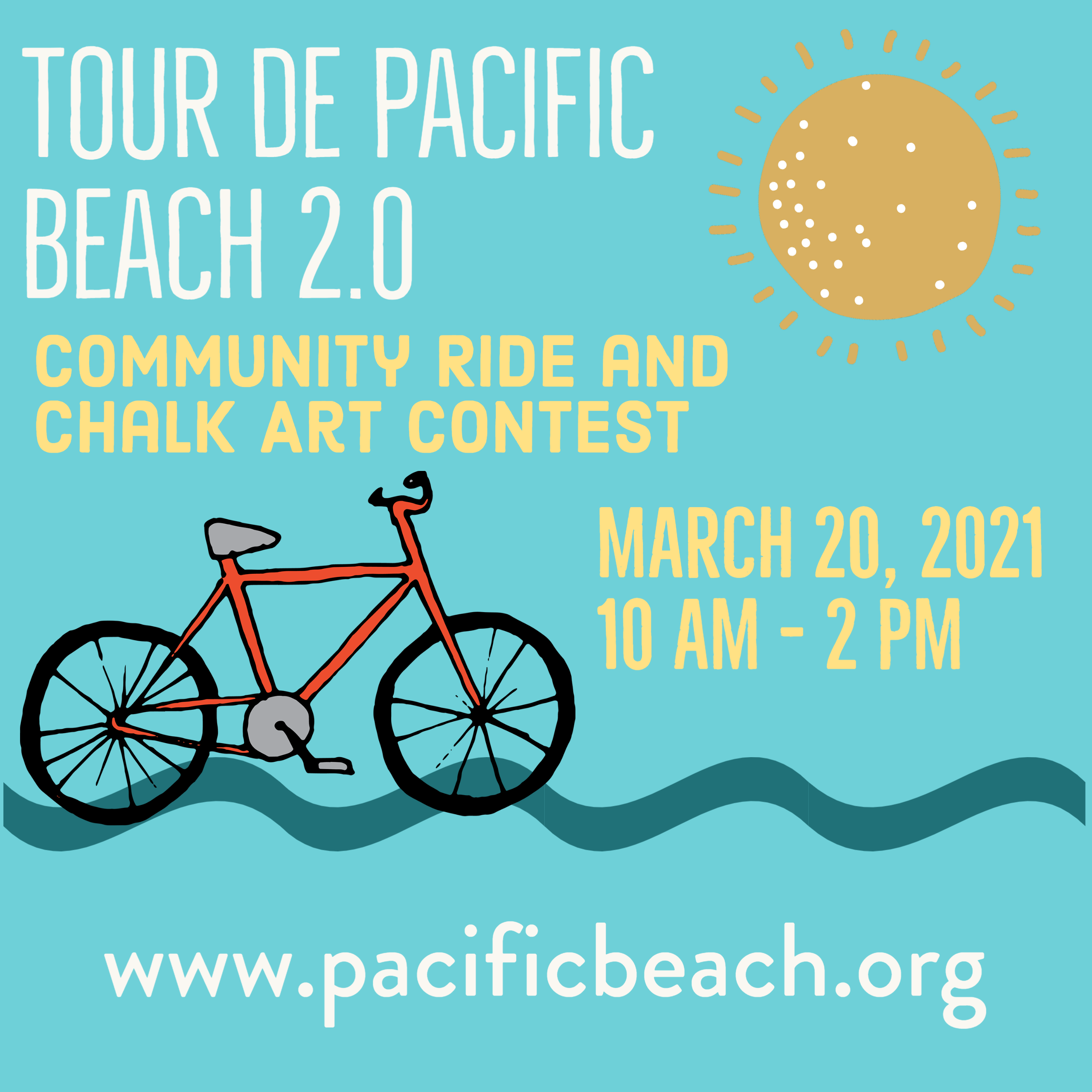 Bicycle on a blue background, with text "Tour de Pacific Beach 2.0"