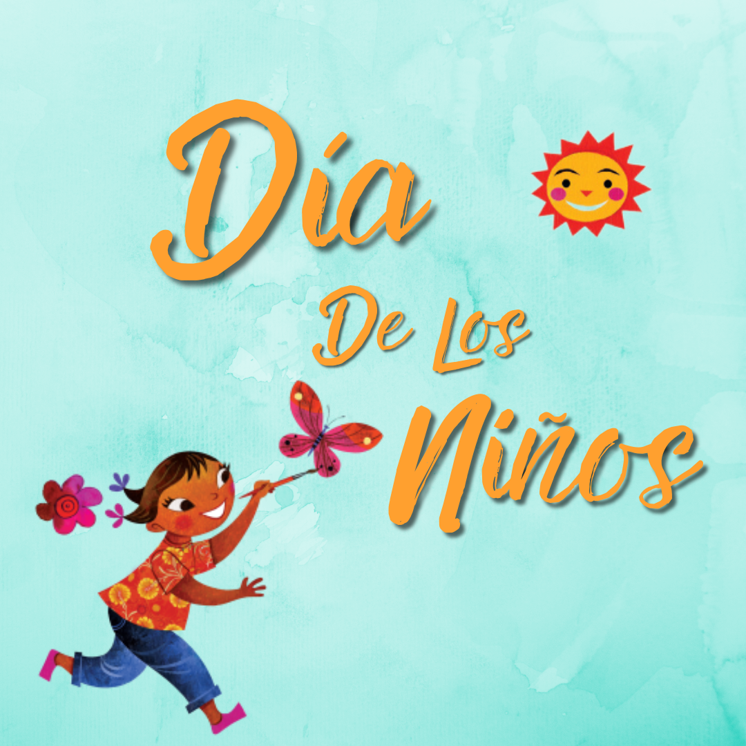 Illustration of a young girl painting butterflies; text: Día de los Niños