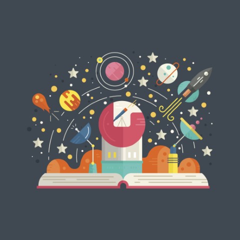 An illustrated open book on a gray background. An observatory, satellite, and rocket are coming out of the book. There are stars and planets in the background.
