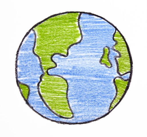 Blue and green crayon drawing of the Earth