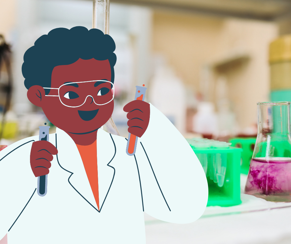 child scientist with beakers