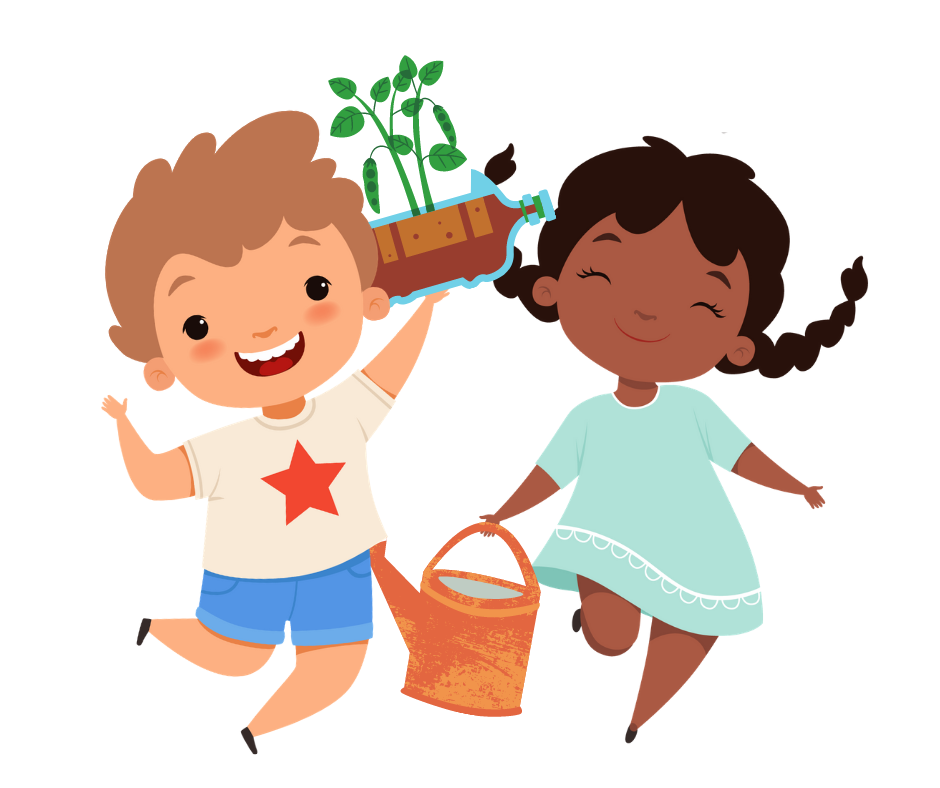 2 cartoon children with plants and watering can