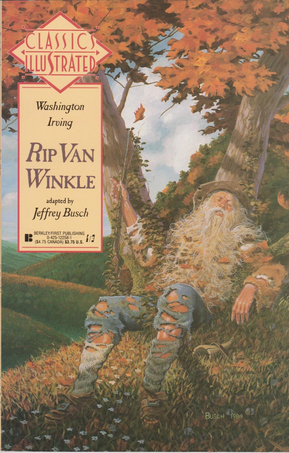 Rip Van Winkle Book Cover depicting Old and tattered Rip Van Winkle waking up from his 20 year nap.