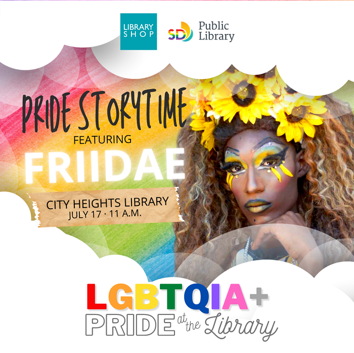 Picture of a storytime performer with a bright yellow sunflower crown & vibrant makeup for PRIDE Storytime at  City Heights Library. 