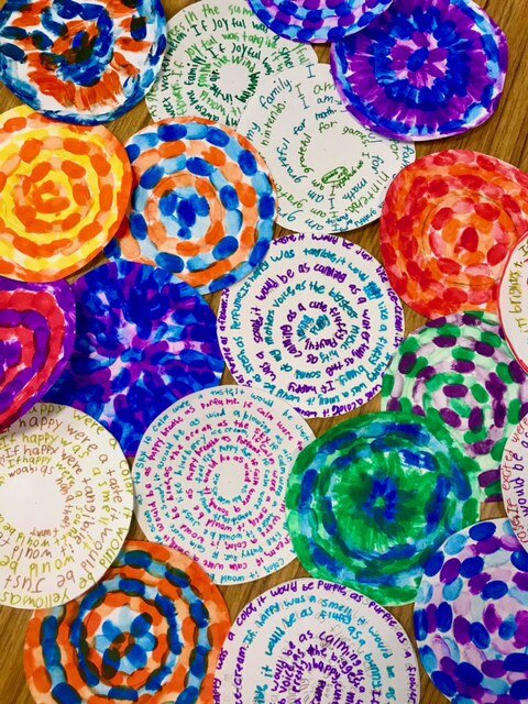 Collage of brightly colored paper circles, some with text