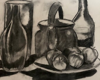 Drawing in black of vases and fruit