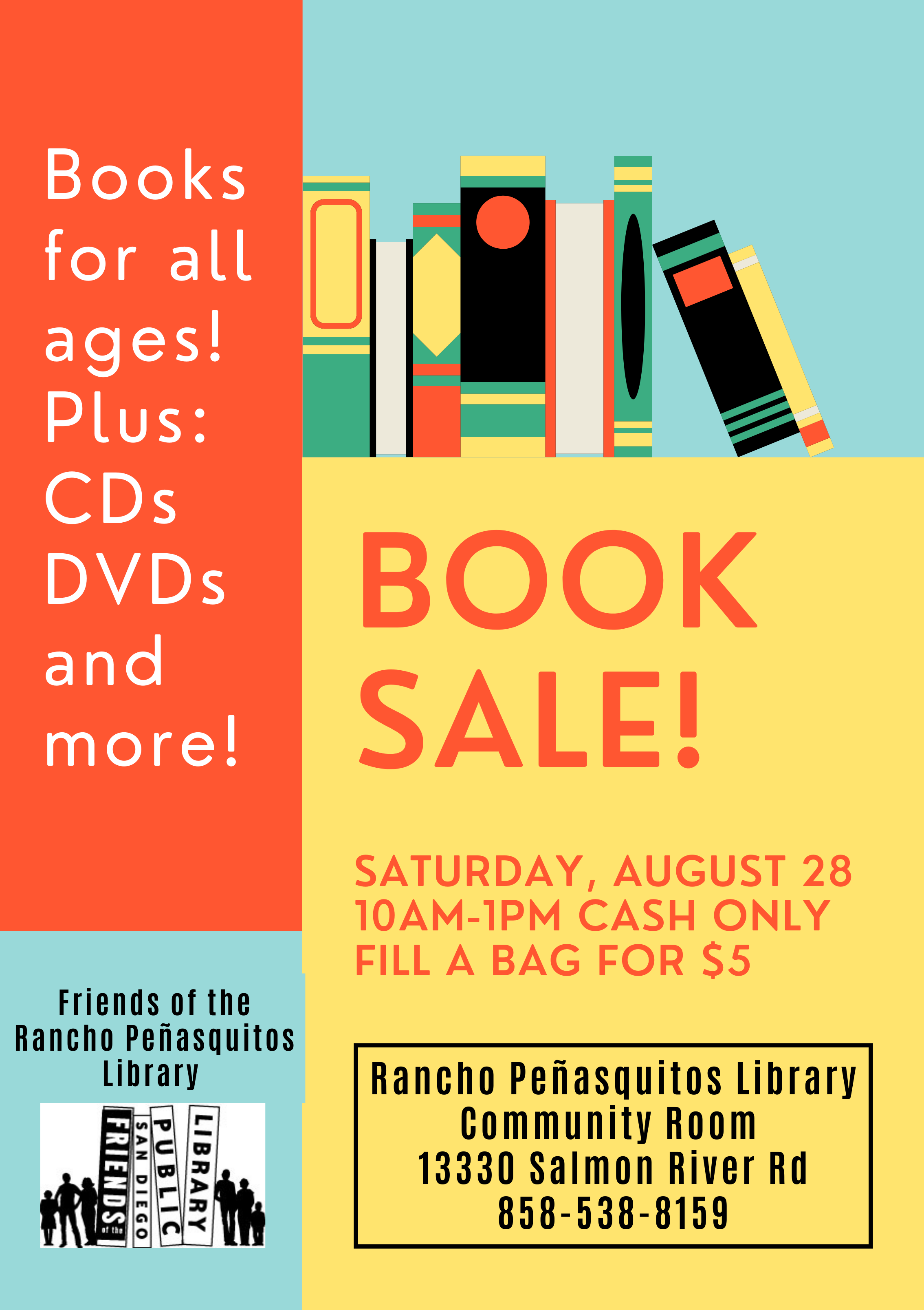 Book Sale Flyer, Fill a bag for $5, August 28th 10 AM to 1 PM