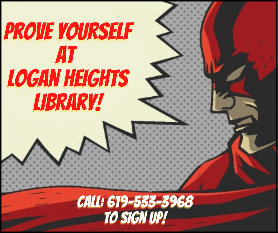 graphic of an unknown super hero telling the audience to prove themselves at the library with our obstacle course