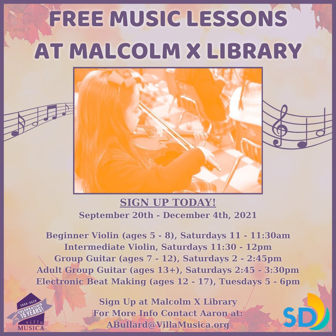 Free music lessons at Malcolm X Library; girl playing violin