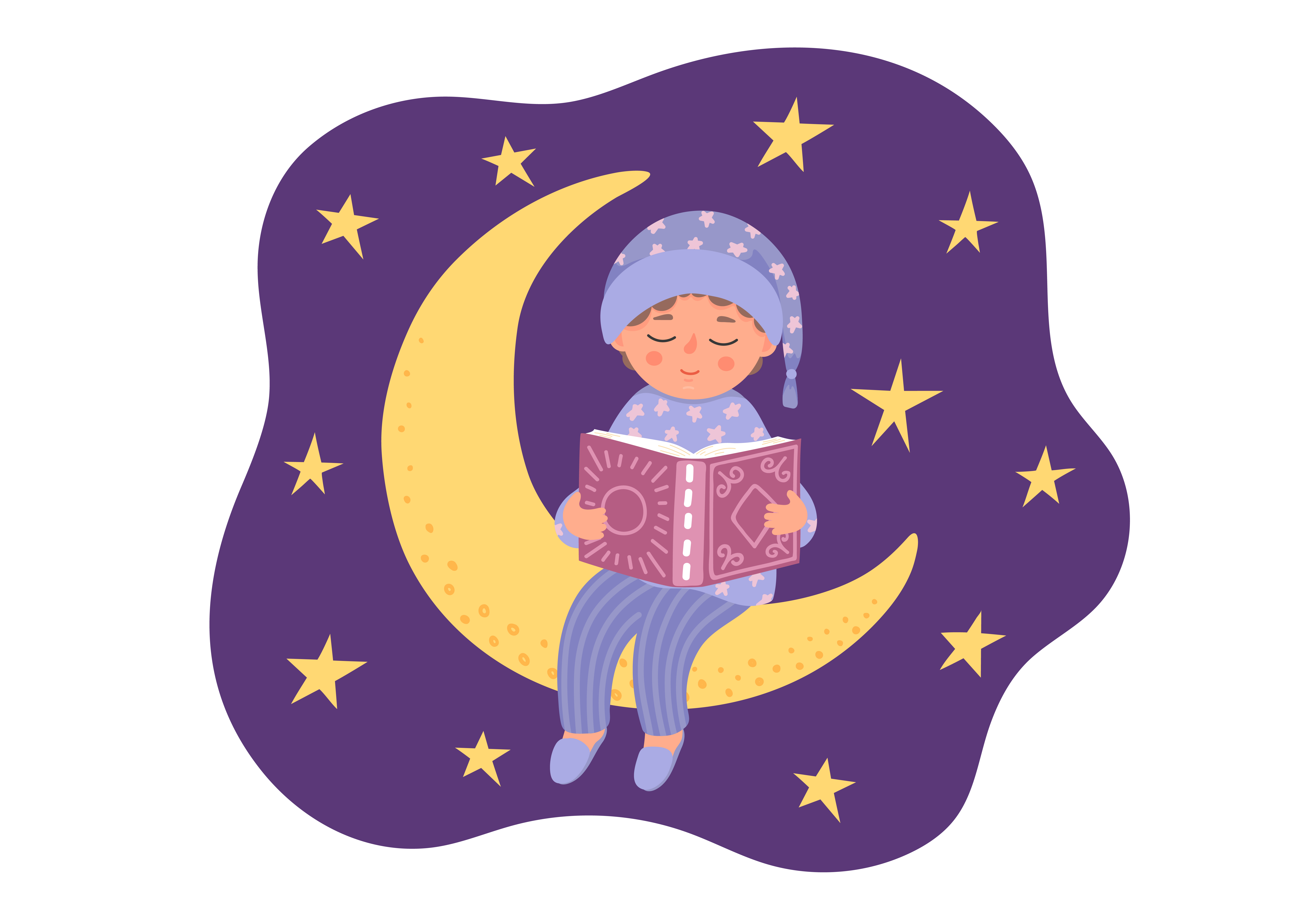 boy reading book sitting on a waxing moon
