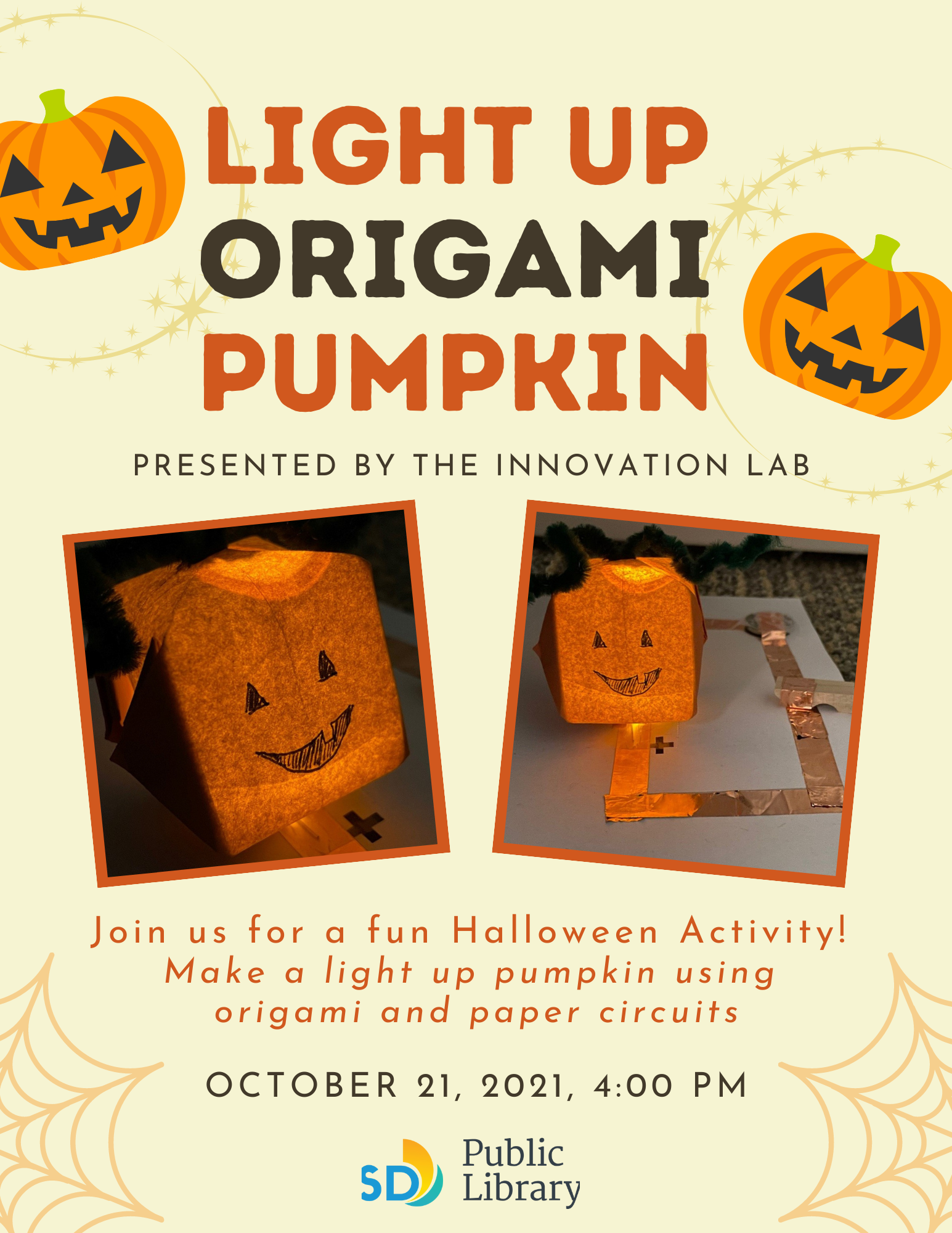 Light up origami pumpkin - Join us for a fun Halloween activity! Make a pumpkin using origami and paper circuits.