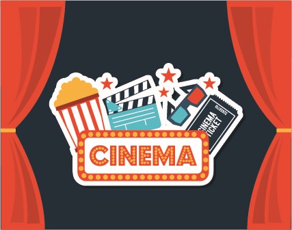 Graphic image of a movie theater stage with red curtains, cinema signage