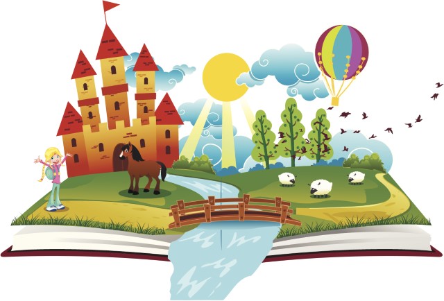 open book with castle and forest and hot air balloon coming from the pages