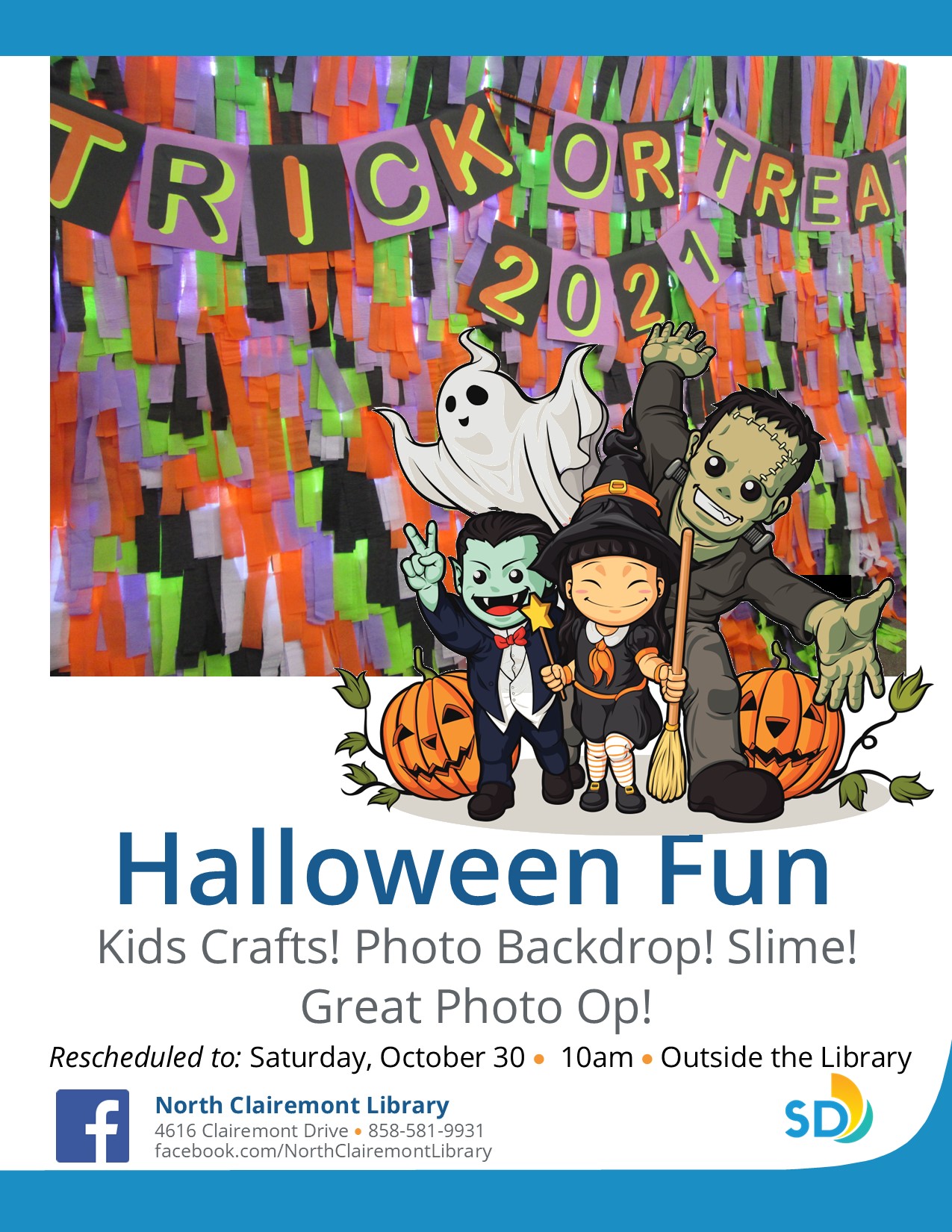 Children 3-11 and their parents, please join North Clairemont Library for crafts and photos ops. Costumes encouraged!