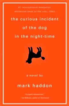 This book cover is orange with an upside down black dog in the middle with the book's title on top and the author's name at the bottom