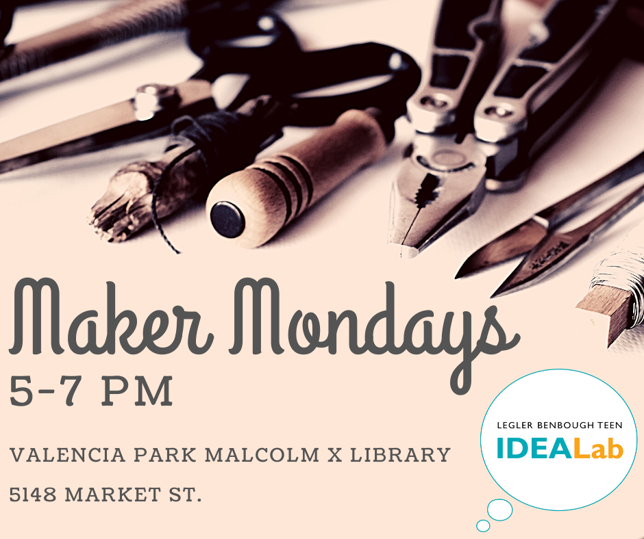 Flyer of Maker Mondays, beige background and dark grey text with black and metal art tools.