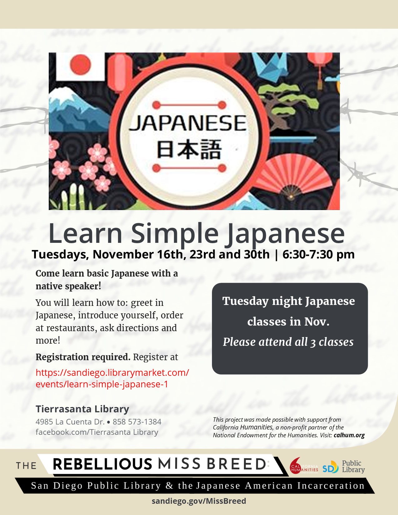 Bright colored Japanese Design at top of flyer with barbed wire in the background and the information for the class, below.
