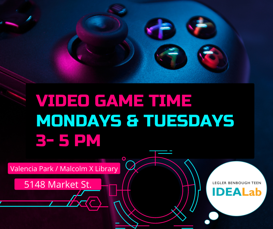 Flyer for Video Game Time, bright blacks, blues, hot pinks and neon green background and text imposed on a black video game controller with colorful buttons. 
