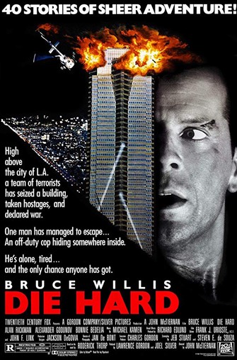 Poster for Die Hard, showing Bruce Willis and a burning building