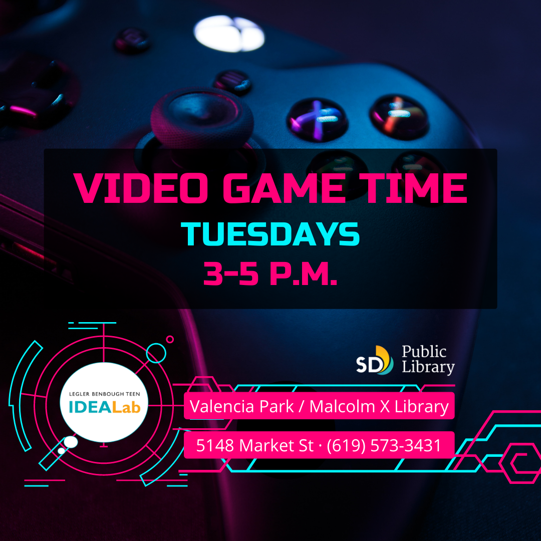 Flyer for Video Game Time, bright blacks, blues, hot pinks and neon green background and text imposed on a black video game controller with colorful buttons. 
