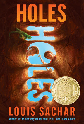 Book cover featuring an upwards view from below of two young people looking down through a holes in the ground in the shape of the letters in the word "holes"
