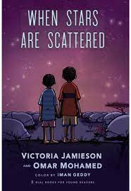 Book cover featuring an illustration of two dark-skinned children walking through a camp under a purple, starry sky. 