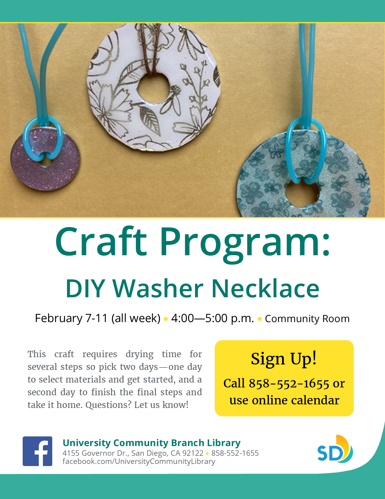 Flyer with washer necklace image and program description.