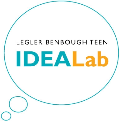 Logo of the Legler Benbough TEEN IDEA Lab, white thought bubble with black and green and orange letters.