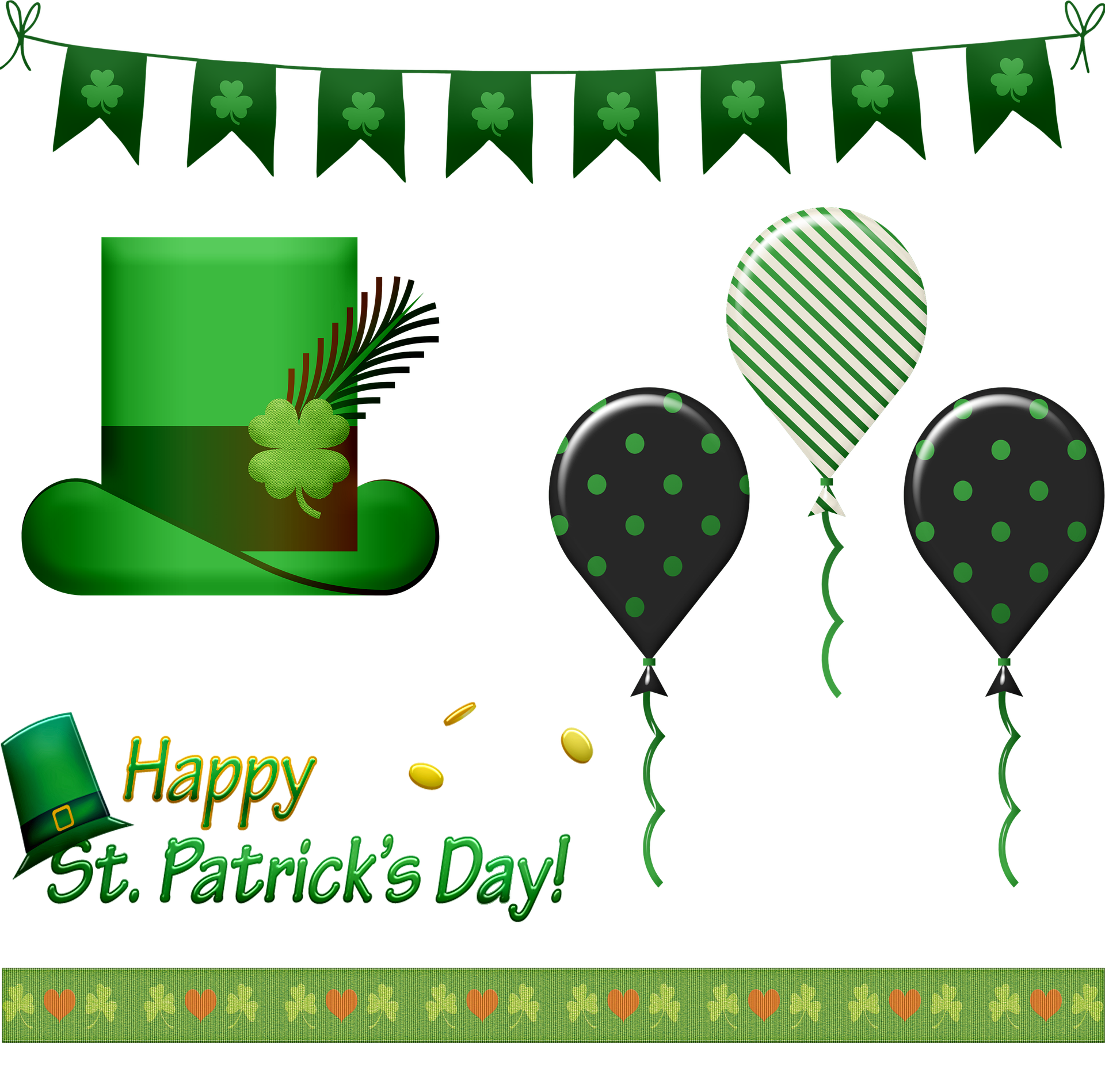 St. Patrick's Day items including green balloons, hat, and garland
