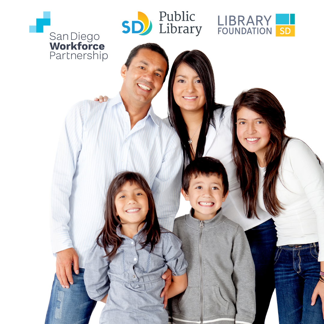 photograph of smiling family, logos of SD Workforce Partnership, SD Public Library and Library Foundation SD