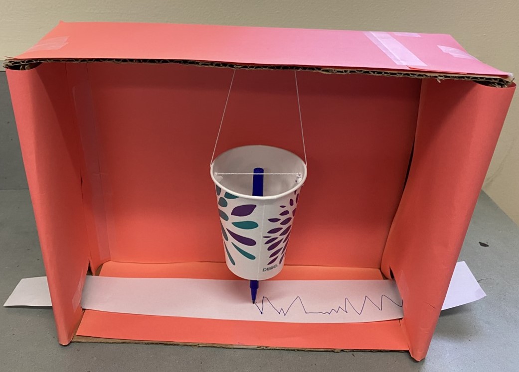 Example of a simple seismograph made with a cardboard box and a hanging cup