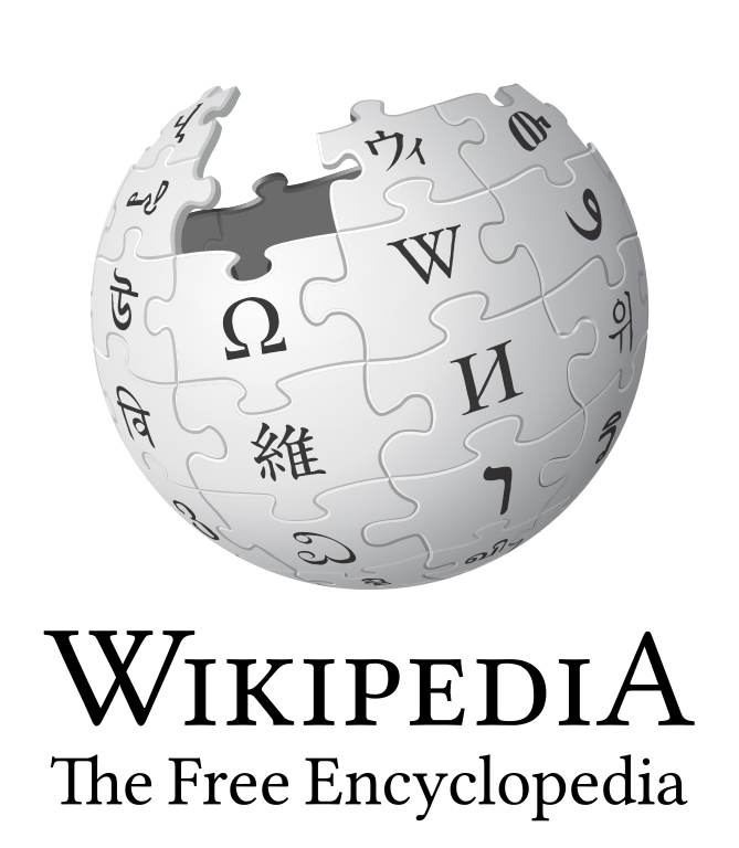 The Wikipedia Logo: A white sphere that is made of puzzle pieces with letters in different languages on each piece. The top is broken. The text reads: Wikipedia The Free Encyclopedia
