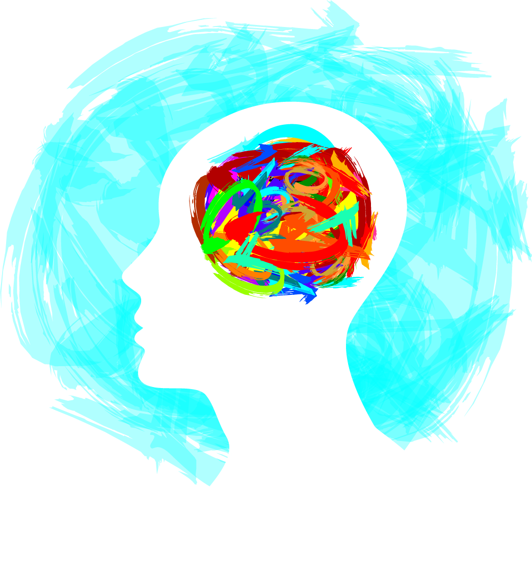 Illustration of a head with a colorful brain