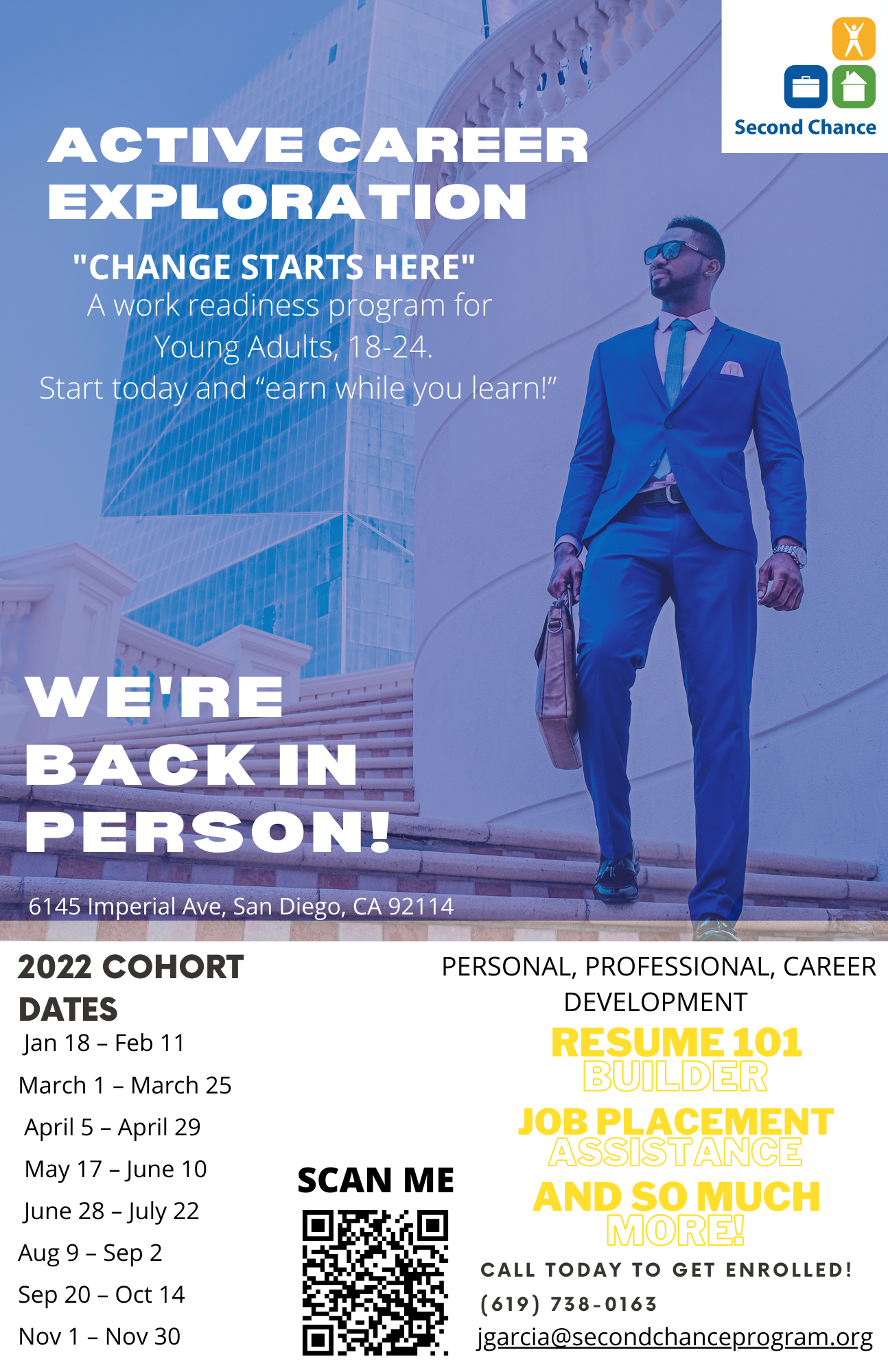 Active Career Exploration flyer features a young man in stylish business attire.