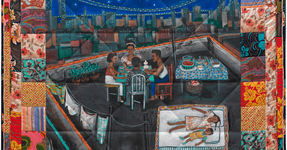 Colorful patchwork quilt by Black artist, Faith Ringgold. Colorful orange and white border, and a black family eating dinner on a rooftop in New York City, the skyline of tall buildings is in the background.