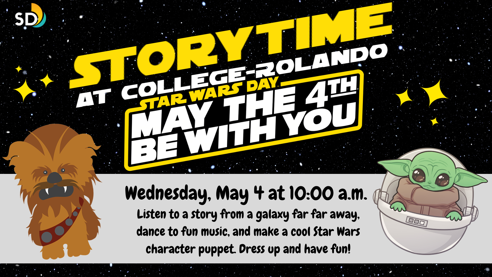 Listen to a story from a galaxy far far away, dance to fun music, and make a cool Star Wars character puppet. Dress up and have fun!