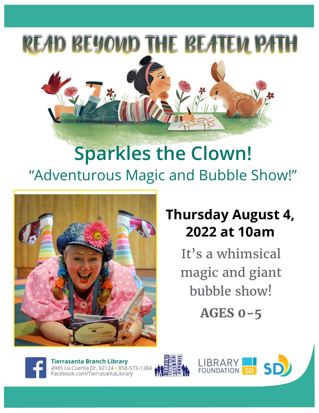 Flyer with a female clown reading a book