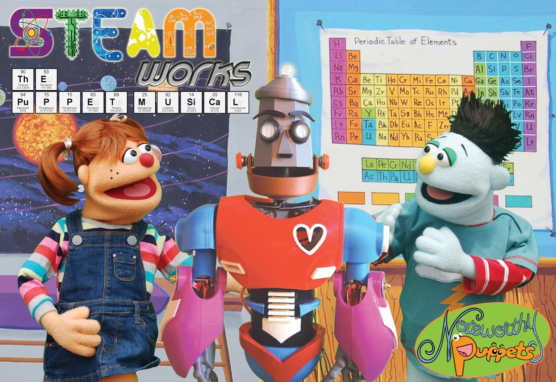 Three puppets smiling in front of picturs of a solar system and the periodic table.