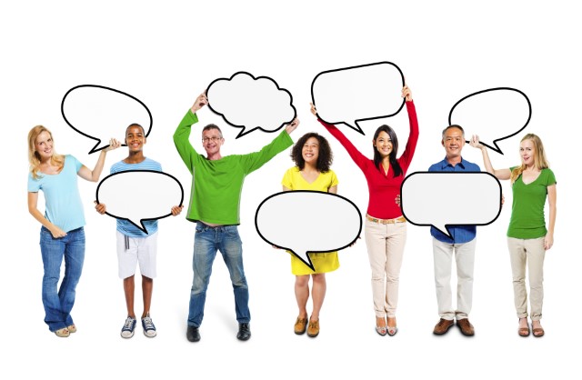  Group of Multiethnic People Standing with Blank Speech Bubbles