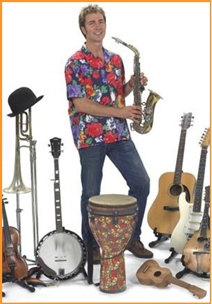 Musician surrounded by many instruments