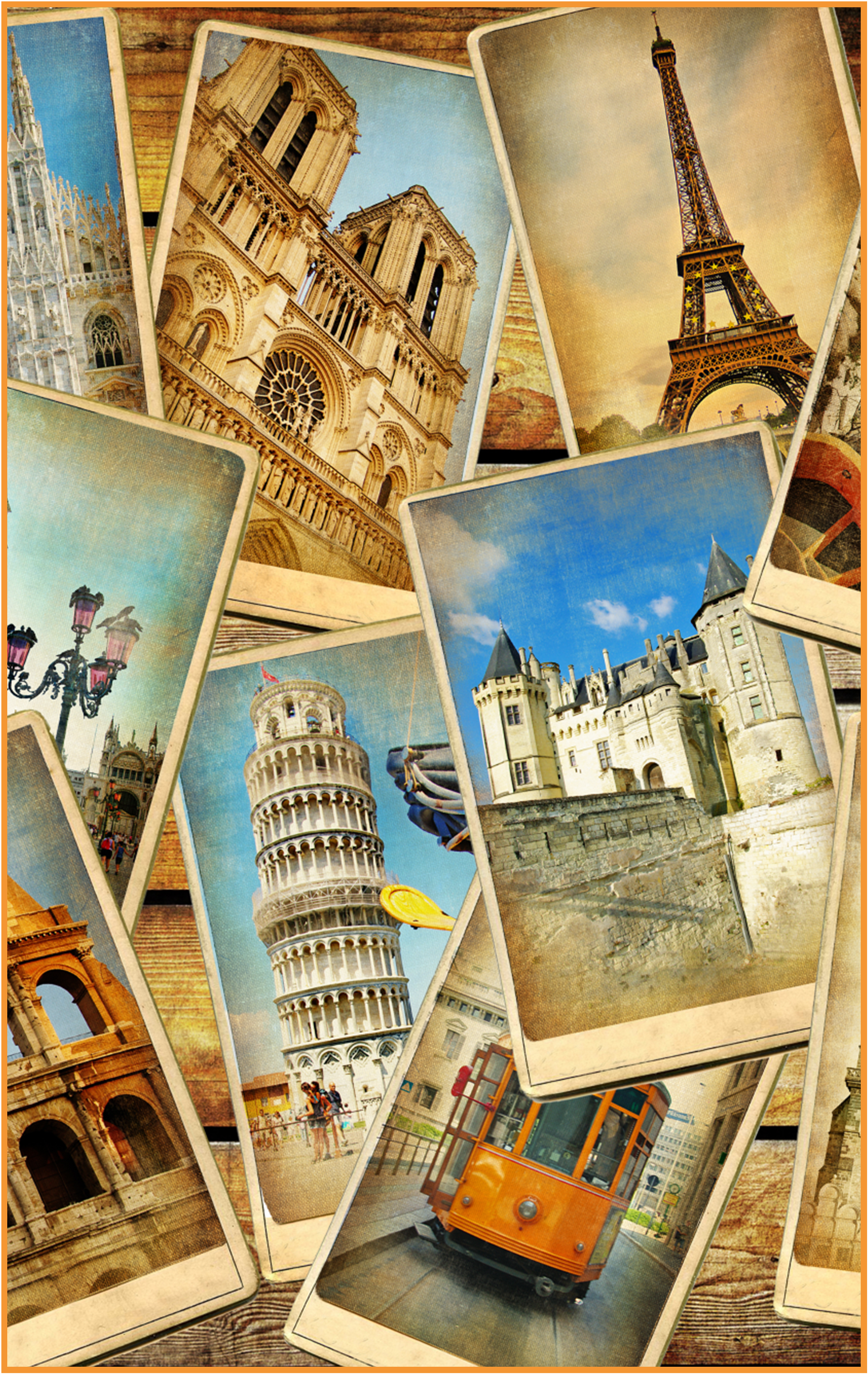 A collage of vintage color postcards depicting various sites, including the Eiffel Tower and the leaning Tower of Pisa, 