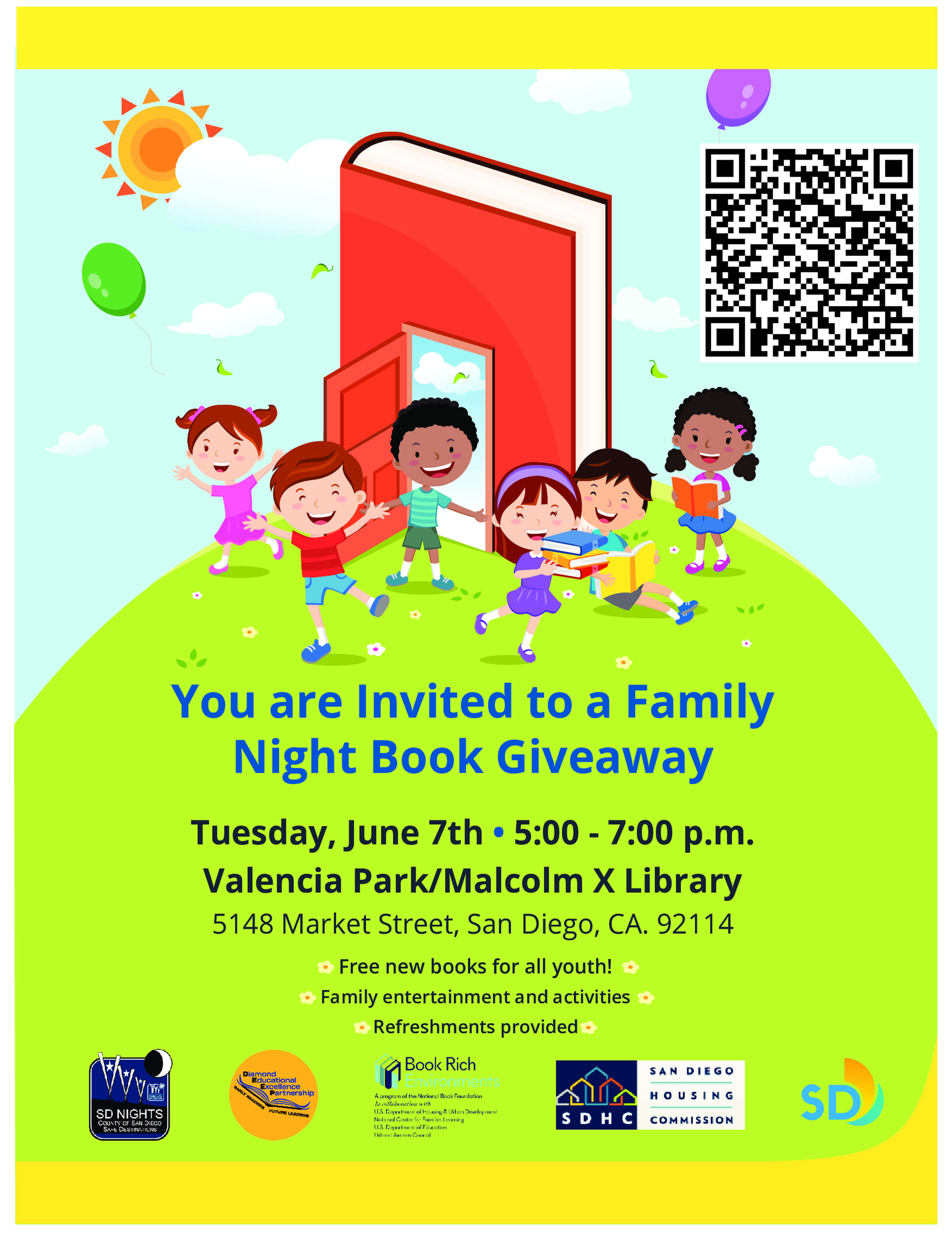  Flyer for Summer Reading Kick Off Celebration. Background is a neon green grass field against a blue sky with a sun and balloons floating in the hair and children from diverse backgrounds reading!