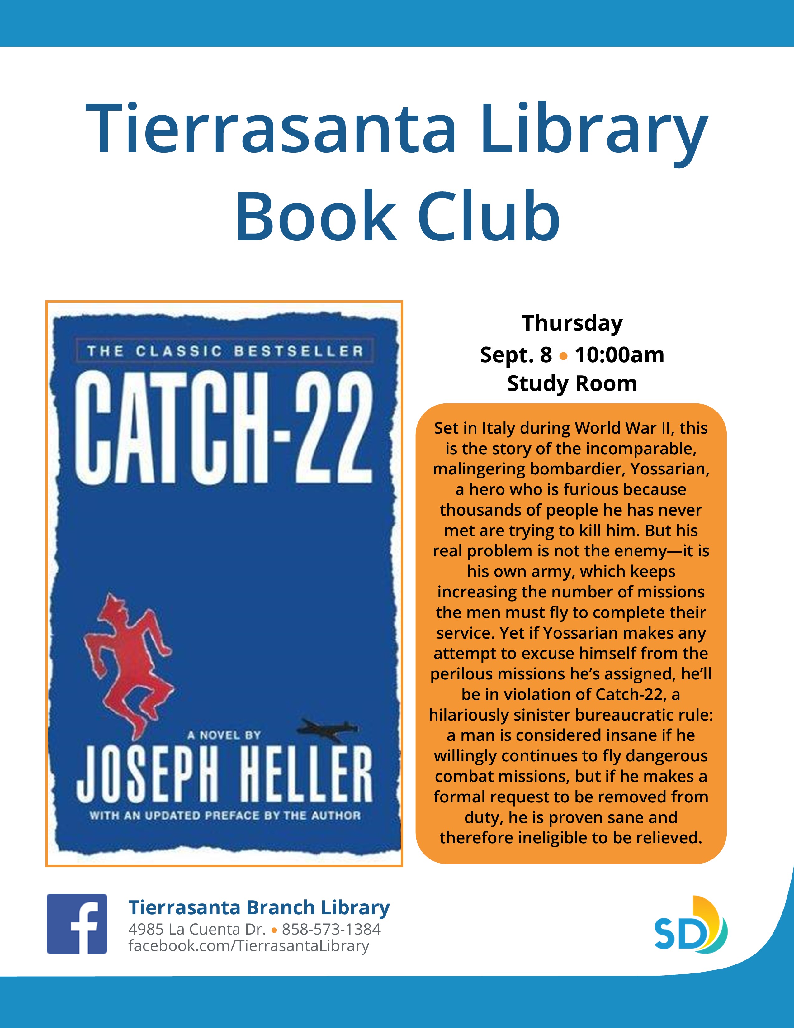 Flyer with dark blue book cover for Catch-22 by Joseph Heller