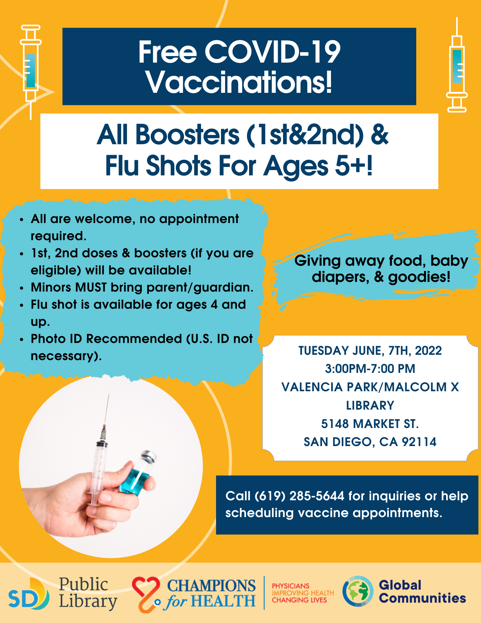 Vaccination event: COVID19 first, second, or booster shot, flu shots. Also diapers and baby food.