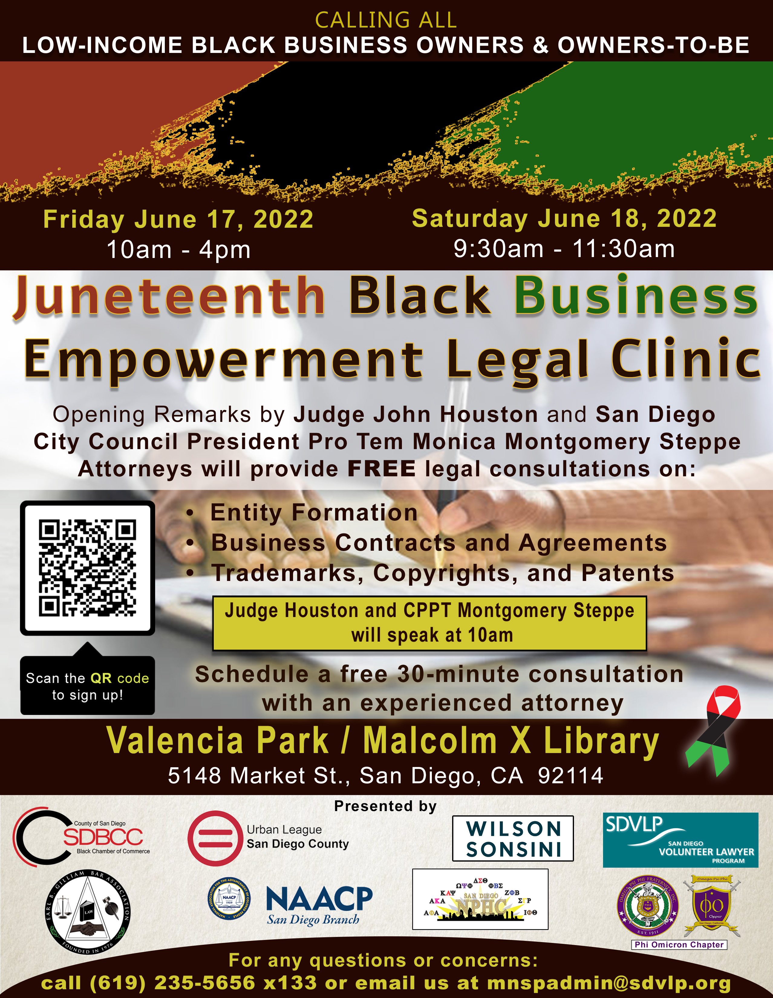 Flyer with text describing free legal clinic with QR code for registration. 