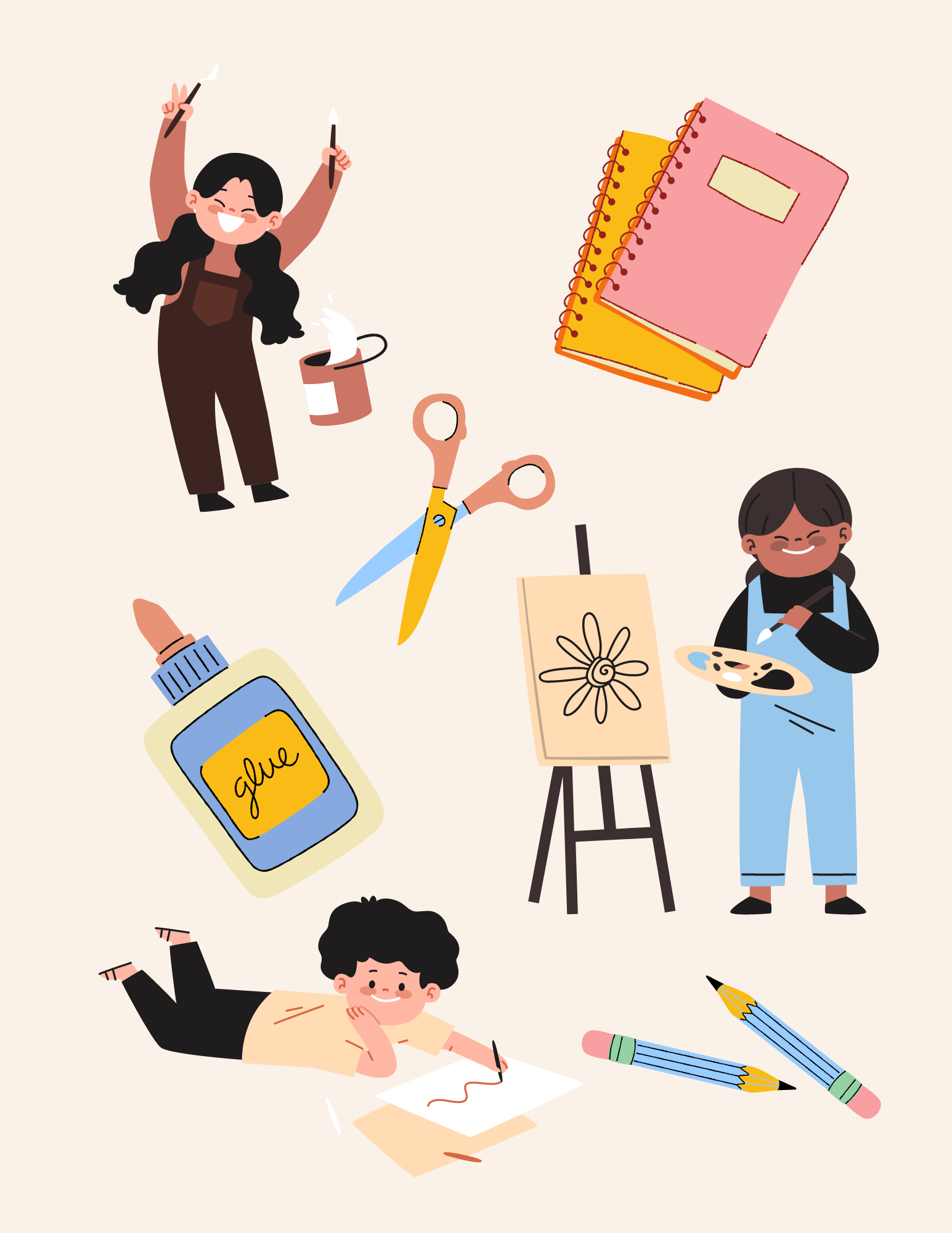 Illustrations of arts and crafts with kids making art. 