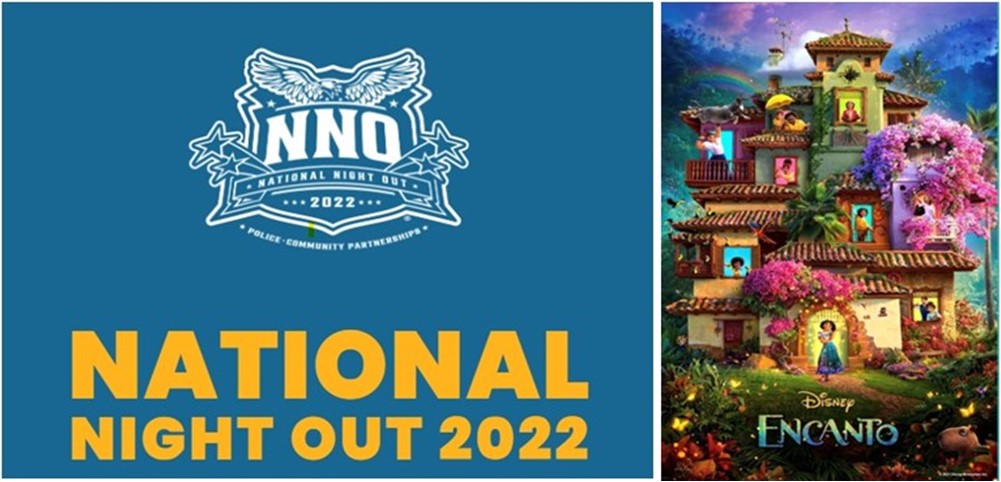 Logo for National Night Out next to the poster for the 2021 animated film "Encanto"