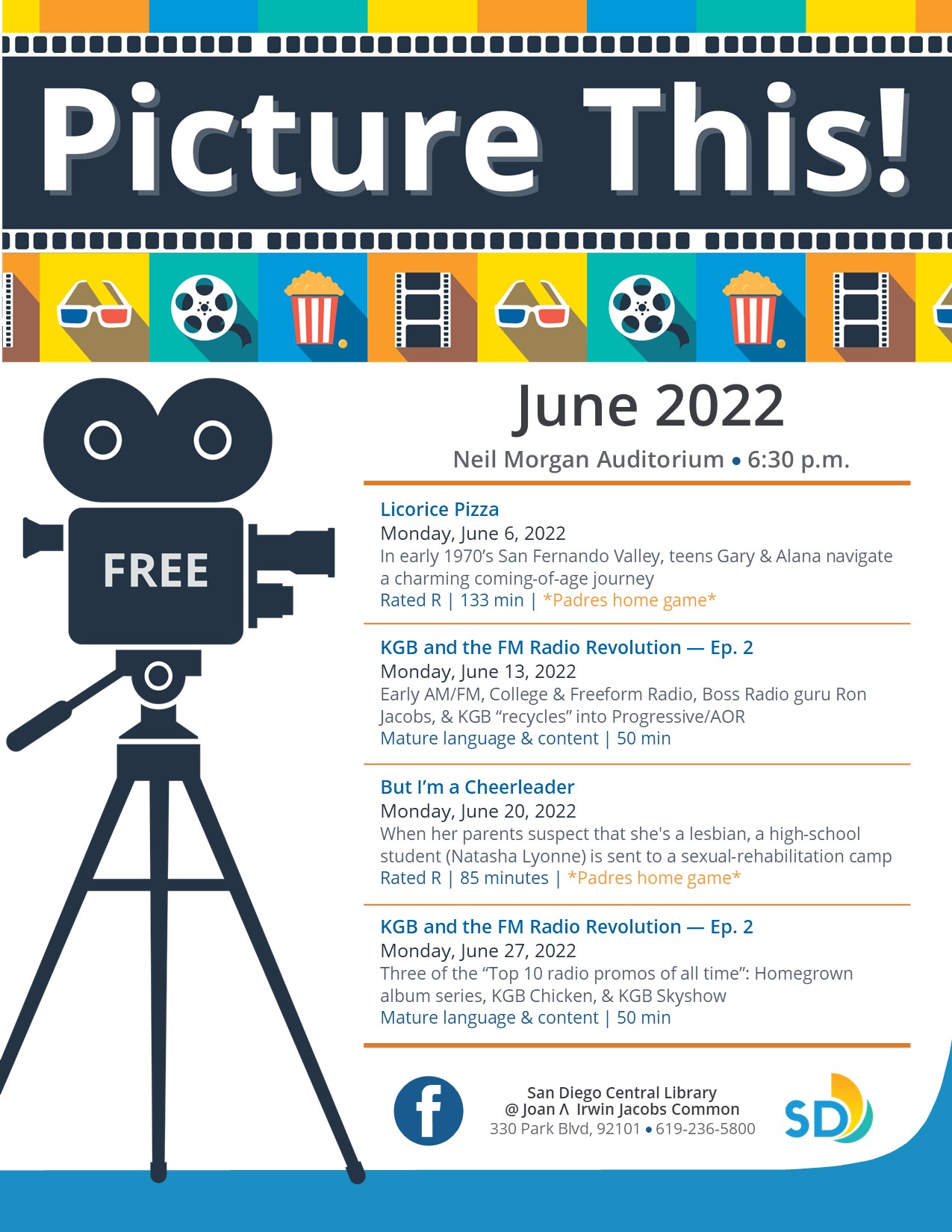 June lineup for Picture This! a library program featuring free film screenings Mondays at 6:30 pm in the Central Library's Neil Morgan Auditorium.